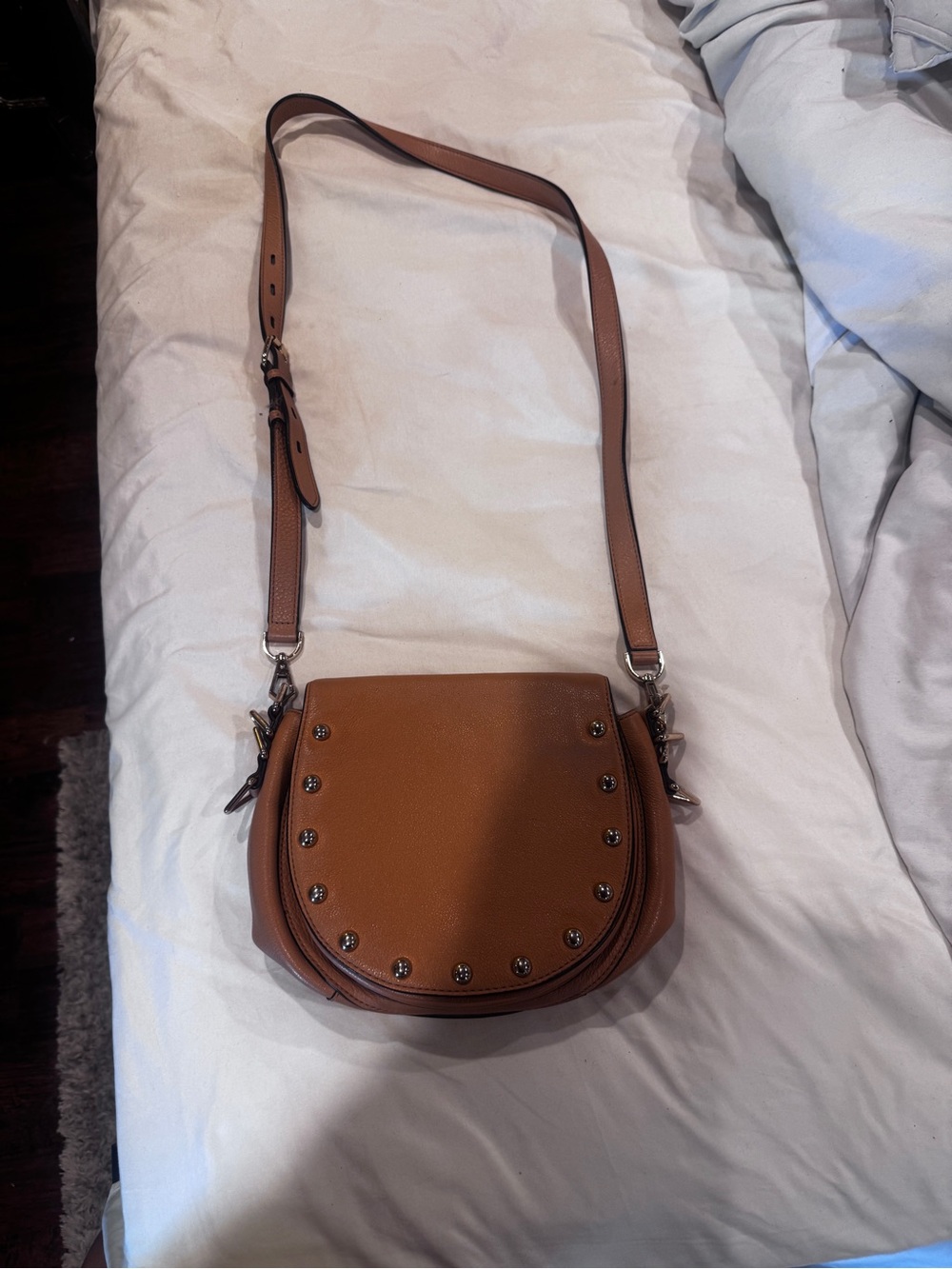 Rebecca Minkoff Saddle Crossbody in Tan with Stud Accents